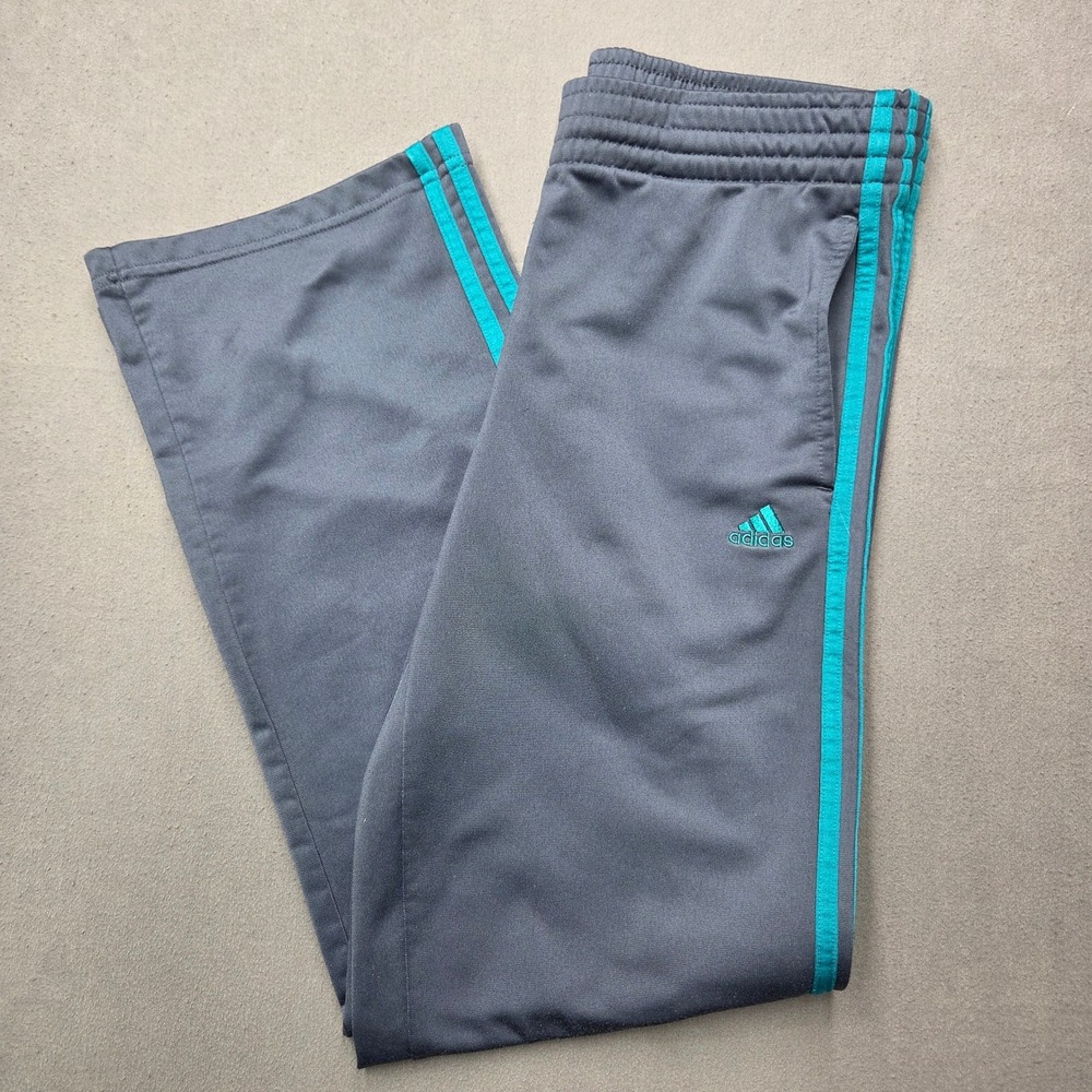 Adidas Track Pants Mens Medium Gray Teal Green Stripe Athletic Sweatpants